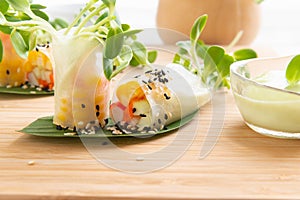 Rice paper salad rolls with carrot,sunflower sprout, corn and crab stick