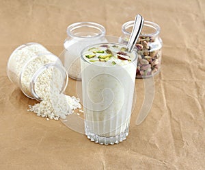 Rice Payasam Indian Sweet Cuisine Garnished with Almonds and Pistachios.