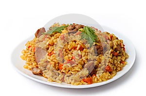 rice pilaf with meat carrot and onion isolated on white background.