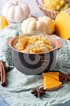 Rice porridge with pumpkin cooked with vanilla and spices