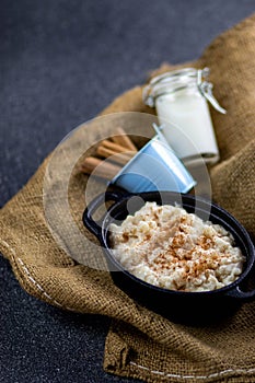 Rice pudding in a cast iron pot