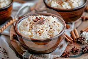 Rice pudding with cinnamon, served in vintage style dishes