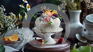 Rice pudding with fresh berries and flowers in a ceramic bowl. Healthy breakfast