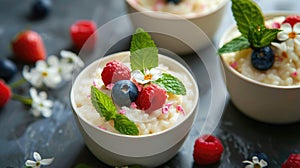 Rice pudding with fresh berries and flowers in a ceramic bowl. Healthy breakfast