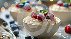 Rice pudding with fresh berries and flowers in a ceramic bowl. Healthy breakfast