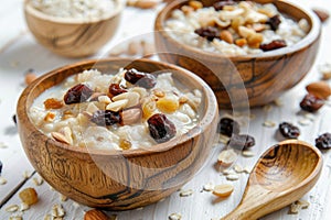 Rice pudding garnished with nuts and dried fruits served in a handcrafted wooden bowl