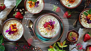 Rice pudding with raspberries and mint in glass cups