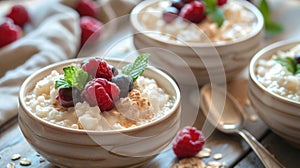 Rice pudding with raspberries and red currants garnished with mint