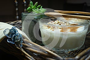 Rice pudding served in glass cups. Decorated. Close-up.
