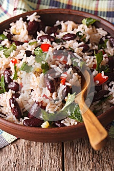 Rice with red beans and coriander in a bowl close-up. vertical photo