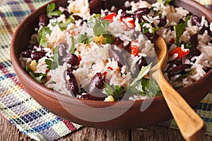 Rice with red beans and other vegetables close-up. horizontal photo