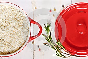 Rice on a red saucepan