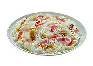 rice salad with mail, red and yellow peppers, bean sprouts