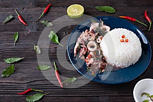 Rice Served with Stir Fried Holy Basil with Squid, Thai Food