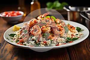 rice with shrimp. Delicious risotto with prawns and herbs on wooden table.