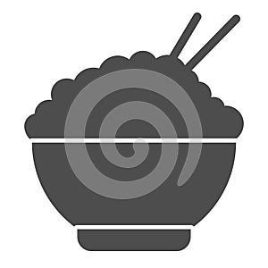 Rice solid icon. Chinese food rice illustration isolated on white. Bowl of rice with chopsticks symbol glyph style