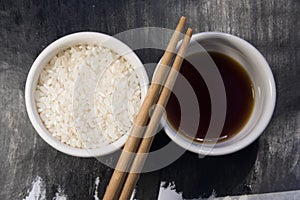 Rice, soy sauce and chopsticks1