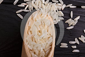 Rice in a stingy close-up on a black background