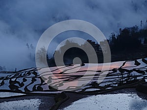 Rice terraces reflecting the rising sun in the morning with clouds slowly disappearing