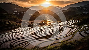 Rice terraces of yuanyang in chinese style. Photorealistic design. Mountain landscape background. Rural nature