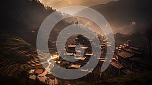 Rice terraces of yuanyang in chinese style. Photorealistic design. Mountain landscape background. Rural nature