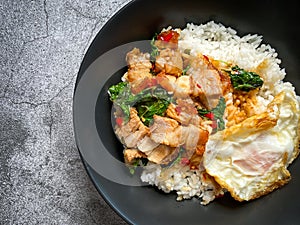 Rice topped with crispy pork belly with Thai basil