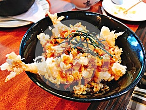 Rice topped with Japanese Shrimp tempura.