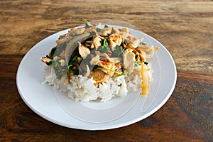 Rice topped with stir fried chicken