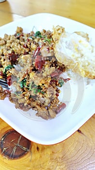 Rice topped with stir-fried minced pork and basil with Fried egg