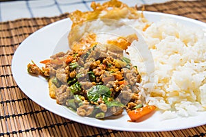 Rice topped with stir-fried pork and basil