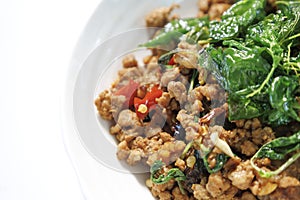 rice topped with stir-fried pork and basil