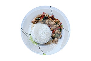 Rice topped with stir-fried pork and basil