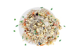 Rice with vegetables, meat on white background