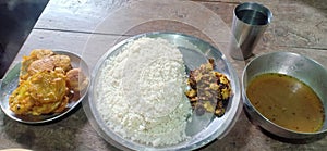 Rice vegitable with fried pakora is fantastiv food for lunch in india madhubani bihar