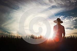 Autumn rice field landscape with ripening grain, farmer and sunset background