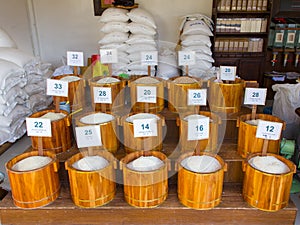 Rice in wooden bin at the thai market