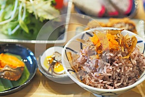 Riceberry and brown rice mix topping with Shrimp eggs and katsuobushi or bonito flakes