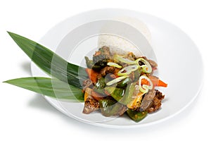 Ricecurry spicy dish with roasted meat and vegetables