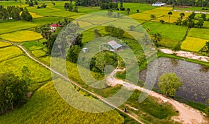 A ricefield and landscape near the city of Takeo in Cambodia