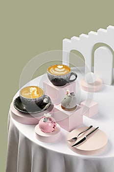 Rich afternoon tea, coffee, ice cream, desserts, on pink round tables,