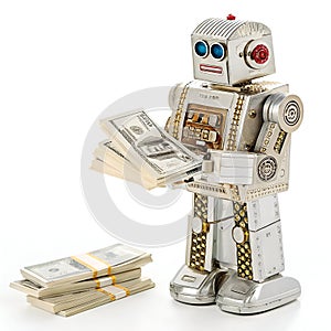 Rich AI Robot Holding Money Isolated on White Background photo