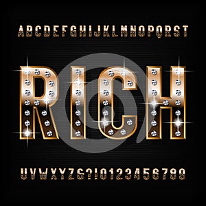 Rich alphabet font. Ornate golden beveled letters and numbers with diamond gemstones.