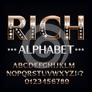 Rich alphabet font. Ornate golden letters and numbers with diamond gemstones.