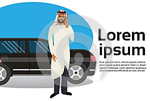 Rich Arab Business Man Talking On Smart Phone Over Luxury Car On Copy Space Background