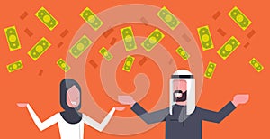 Rich Arab Couple Business Man And Woman Throwing Money Up Muslim Financial Success Concept