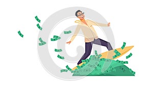 Rich banker. Cartoon happy wealthy man riding surfboard on heaps of banknotes. Financial success concept. Businessman