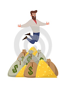 Rich banker. Isolated happy man on finance money stack vector flat image