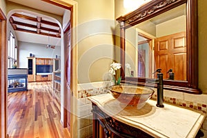 Rich bathroom vanity cabinet with vessel sink and mirror