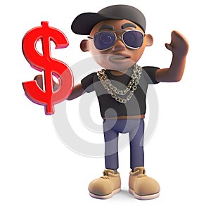 Rich black hiphop rapper holding US dollar currency symbol, 3d illustration