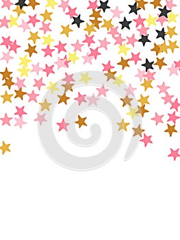 Rich black pink gold stardust vector backdrop. Many starburst spangles birthday decoration particles.